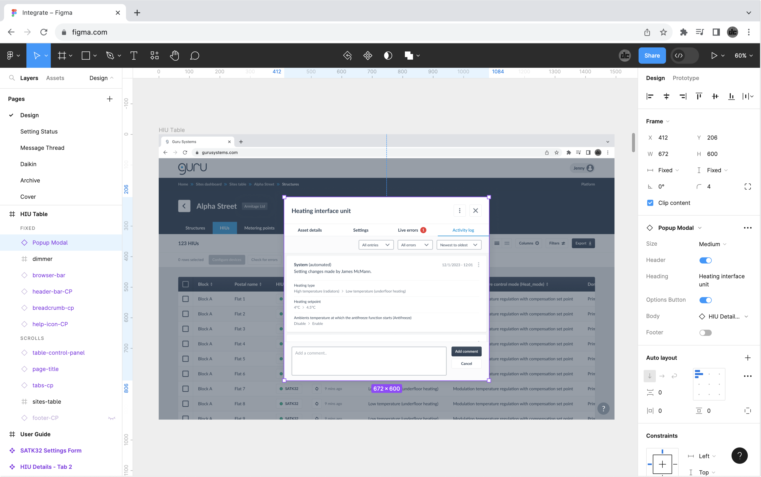 Figma component with variant options